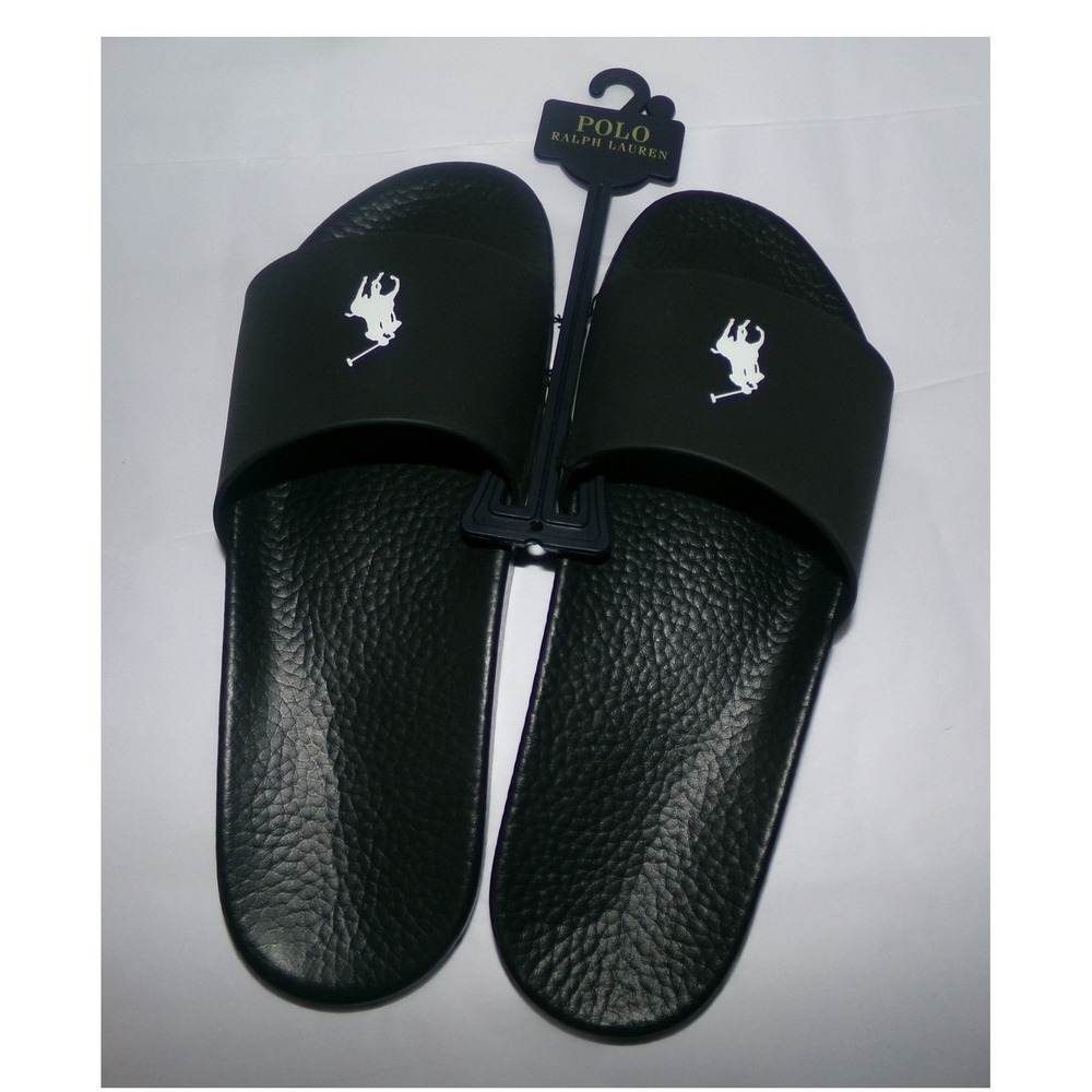 Polo Ralph Lauren Cayson Slides Mens Black White Big Pony Sandals Size 13